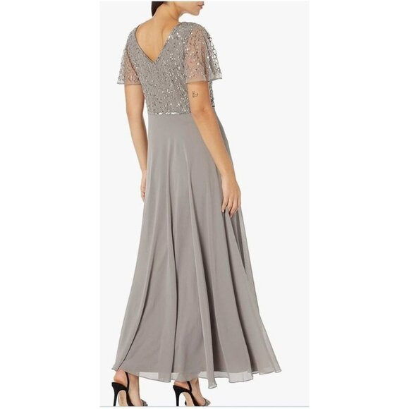 JKara Womens Beaded Flutter Sleeve Maxi Gown Gray Size 8 Elegant Evening Dress - Picture 2 of 9